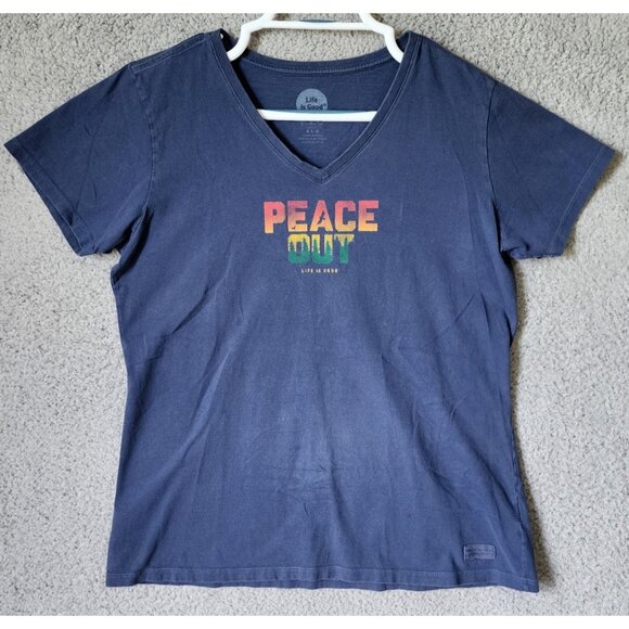 Life is Good Women's L Short Sleeve Crusher Tee Shirt Peace Out Graphic Blue - Picture 1 of 11